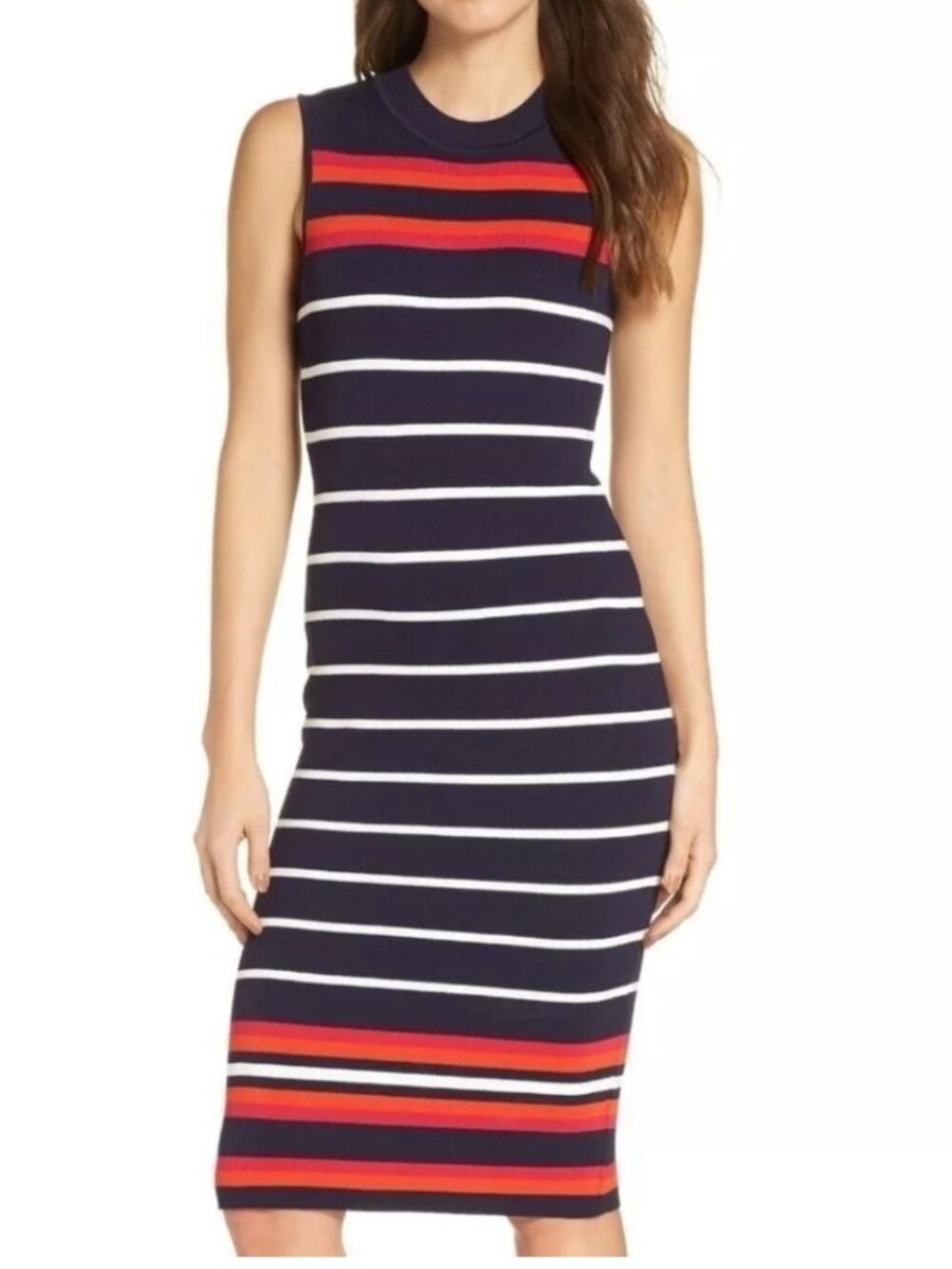 NWT Eliza J Navy Striped Sheath Body Contour Midi Dress. Size S
